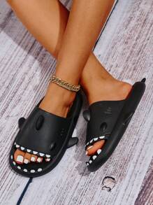 鲨鱼形露趾厚底拖鞋，可爱卡通沙滩拖鞋，情侣人字拖，夏季度假和派对鞋 - 黑色 - 查看 4