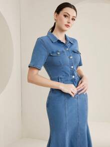 Mulvari Flap Detail Mermaid Hem Denim Dress - Medium Wash - View 5