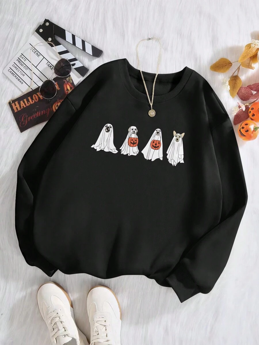 SHEIN EZwear Đồ họa Hoạt hình Lót nhiệt Áo nỉ - màu đen - Xem 1