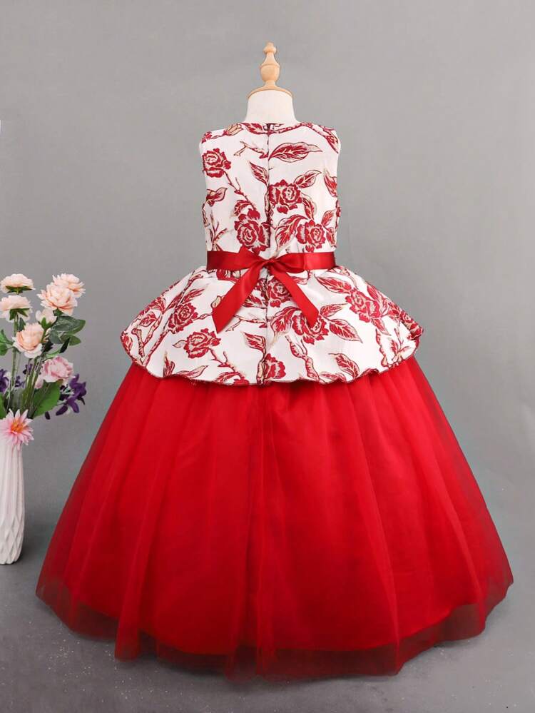Tween Girl Floral Embroidery Bow Front Mesh Hem Party Dress for Christmas