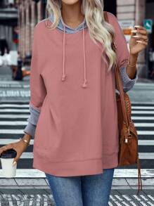 SHEIN LUNE Colorblock Drop Shoulder Drawstring 2 In 1 Hoodie - Dusty Pink - View 4