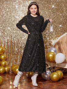 青少年女孩圍裹前打結水鑽細節金屬亮絲外套