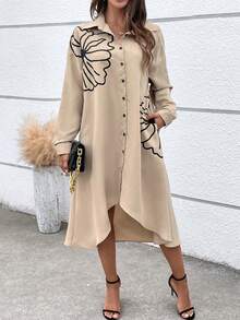 SHEIN LUNE Floral Print Button Front Shirt Dress - Khaki - View 2