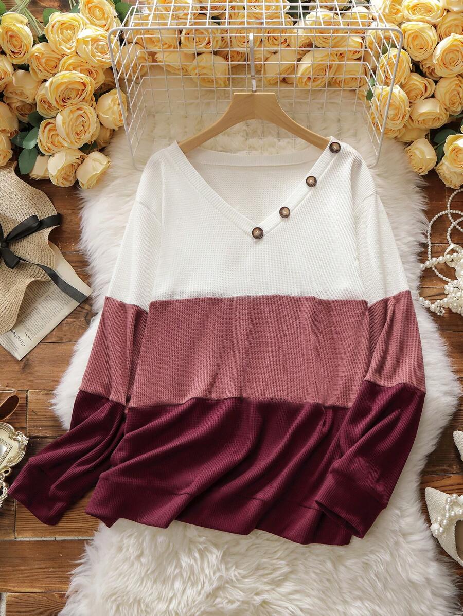 SHEIN LUNE 大碼撞色紐扣細節運動衫 - 彩色 - 查看 1