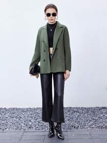 GENKIRA Lapel Collar Double Breasted Blazer - Army Green - View 4