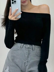 DAZY Solid Asymmetrical Neck Tee Long Sleeve Women Tops