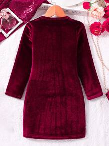 SHEIN 女小童前收褶合身絲絨洋裝 - 酒紅色 - 查看 2