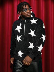 GENTILAND Lỏng lẻo phù hợp Nam Kích thước lớn Ngôi sao In Dây rút áo có mũ Lông cừu Áo nỉ - Đen và trắng - Xem 5