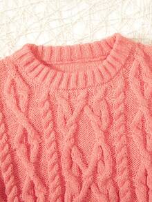 SHEIN Chica preadolescente Jersey tejido de cable de hombros caídos - Rosa - Ver 3