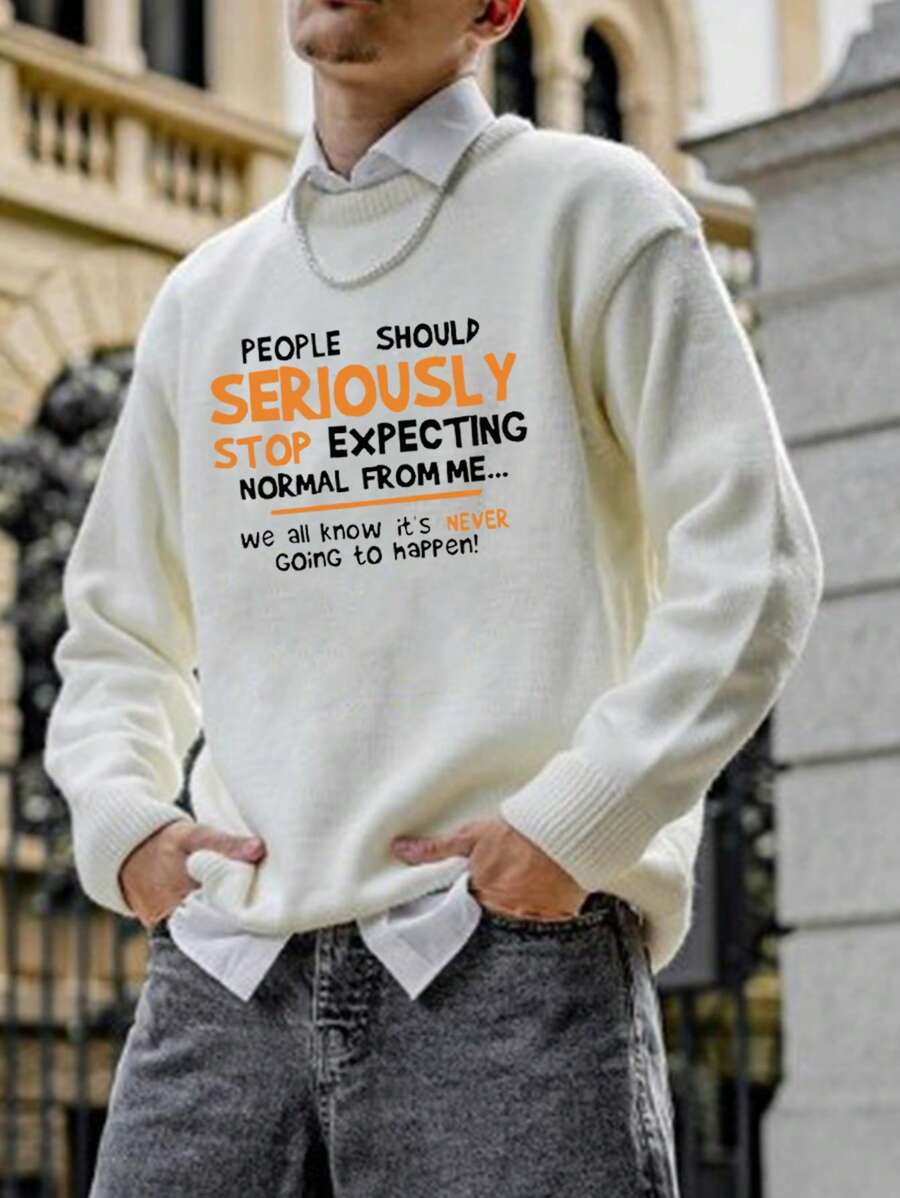 Men Slogan Graphic Sweater - White - View 1