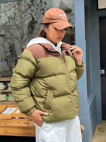 SHEIN EZwear Plus Two Tone Zip Up Padded Coat In Fall/Winter - Multicolor - View 6