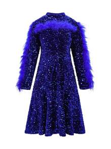 SHEIN Chica preadolescente Vestido ribete lanudo de cuello alto con lentejuelas