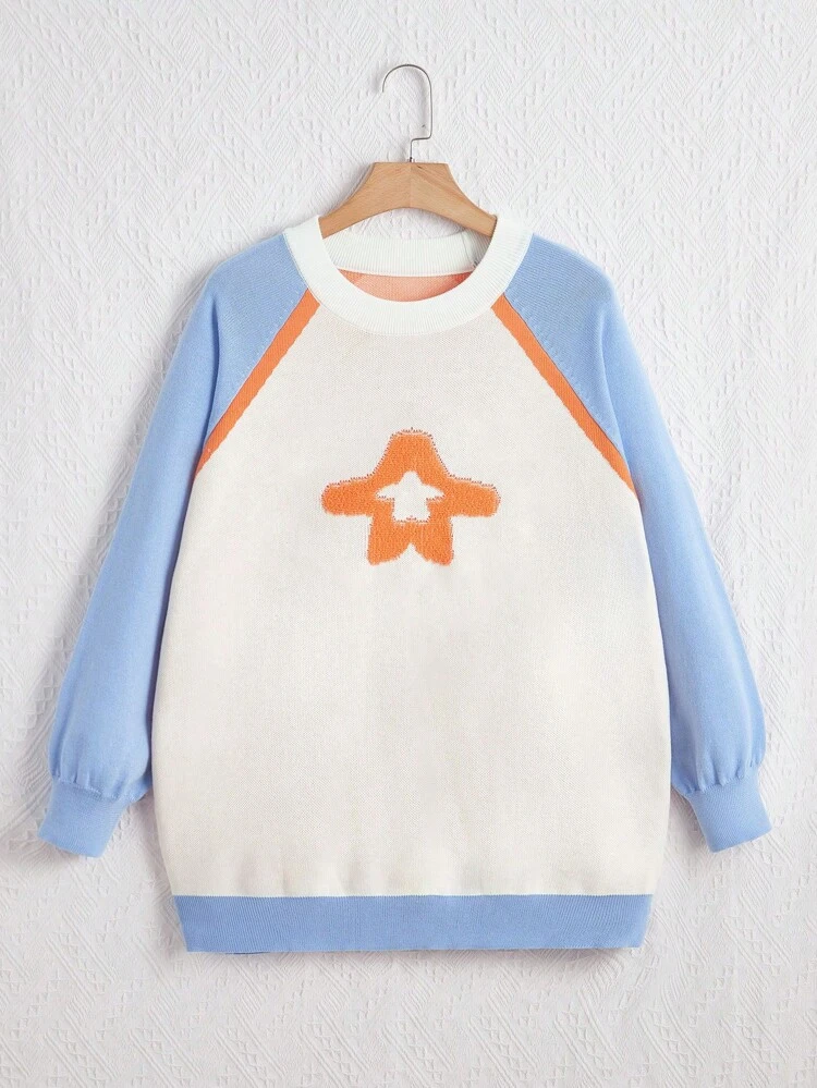 Plus Star Pattern Colorblock Raglan Sleeve Sweater