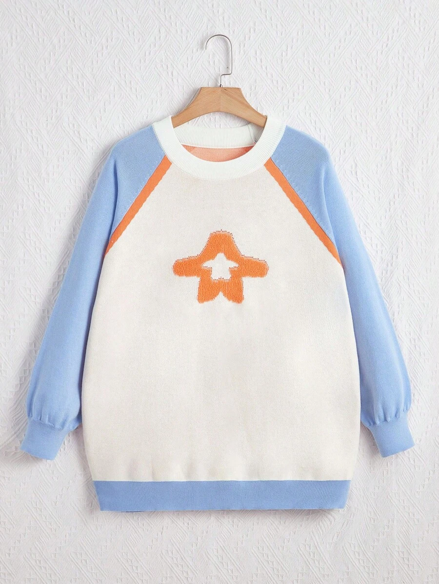 SHEIN EZwear Plus Pull Motif Étoile À Blocs De Couleurs Manches Raglan - Multicolore - Voir 1