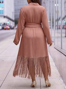 Celure Plus Shawl Collar Fringe Hem Belted Dress - Coral Pink - View 2