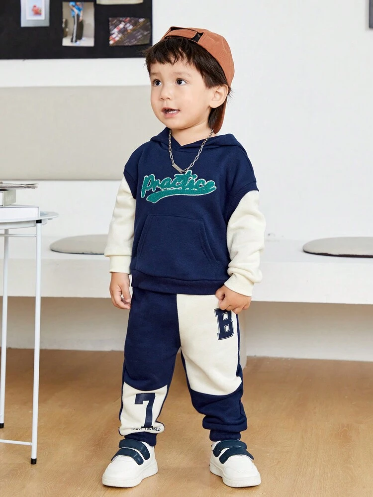 Baby Boys' Casual Color-Block Embroidered Hoodie & Pants Set, Thermal Lined , Warm