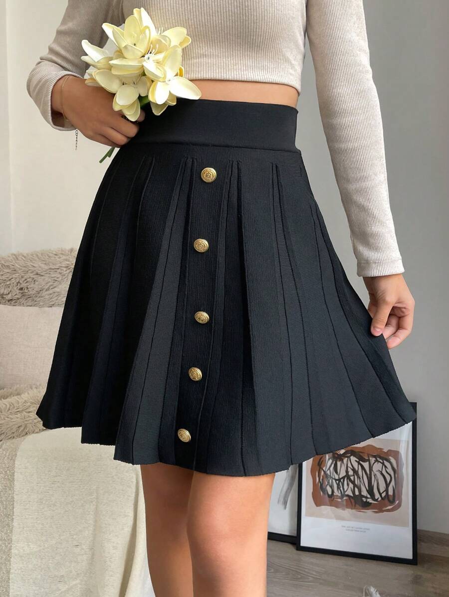 EURMUSE High Waist Button Detail Pleated Sweater Skirt - Black - View 1