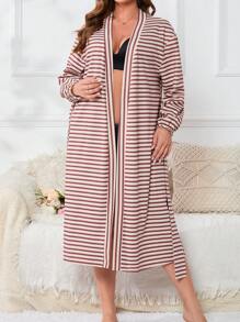 Plus Striped Print Belted Robe - Multicolor - View 5