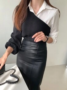 DAZY Blusa de manga abullonada de dos tonos 2 en 1 Blusas de manga larga para mujer - Blanco y Negro - Ver 7