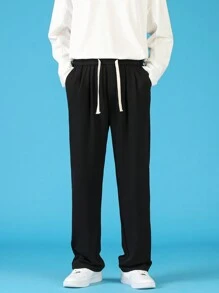 Men Drawstring Waist Straight Leg Pants - Black - View 5