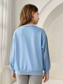 女大童字母圖案袋鼠口袋落肩袖運動衫 - 藍色 - 查看 2