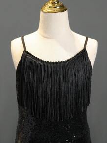 SHEIN Tween Girl Fringe Trim Split Thigh Sequin Cami Dress - Black - View 3
