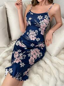 Floral Printed Spaghetti Strap Dress - Blue - View 1