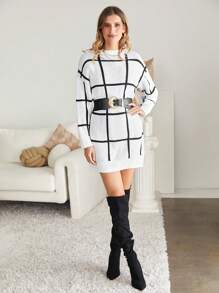 SHEIN Clasi Hoa văn kẻ sọc Thả vai Đầm Áo len Không có thắt lưng - Đen và trắng - Xem 5