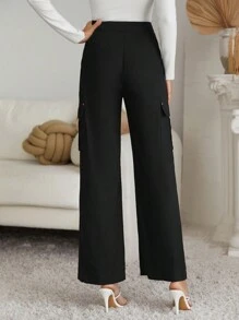 SHEIN Clasi Flap Pocket Side Cargo Pants - Black - View 2