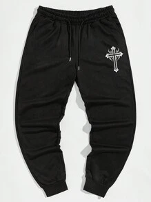 RueChic Men's Drawstring Cross Pattern Joggers - Black - View 3
