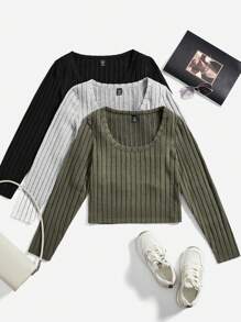 SHEIN Essnce Plus 3pcs Scoop Neck Ribbed Knit Tee - Multicolor - View 1