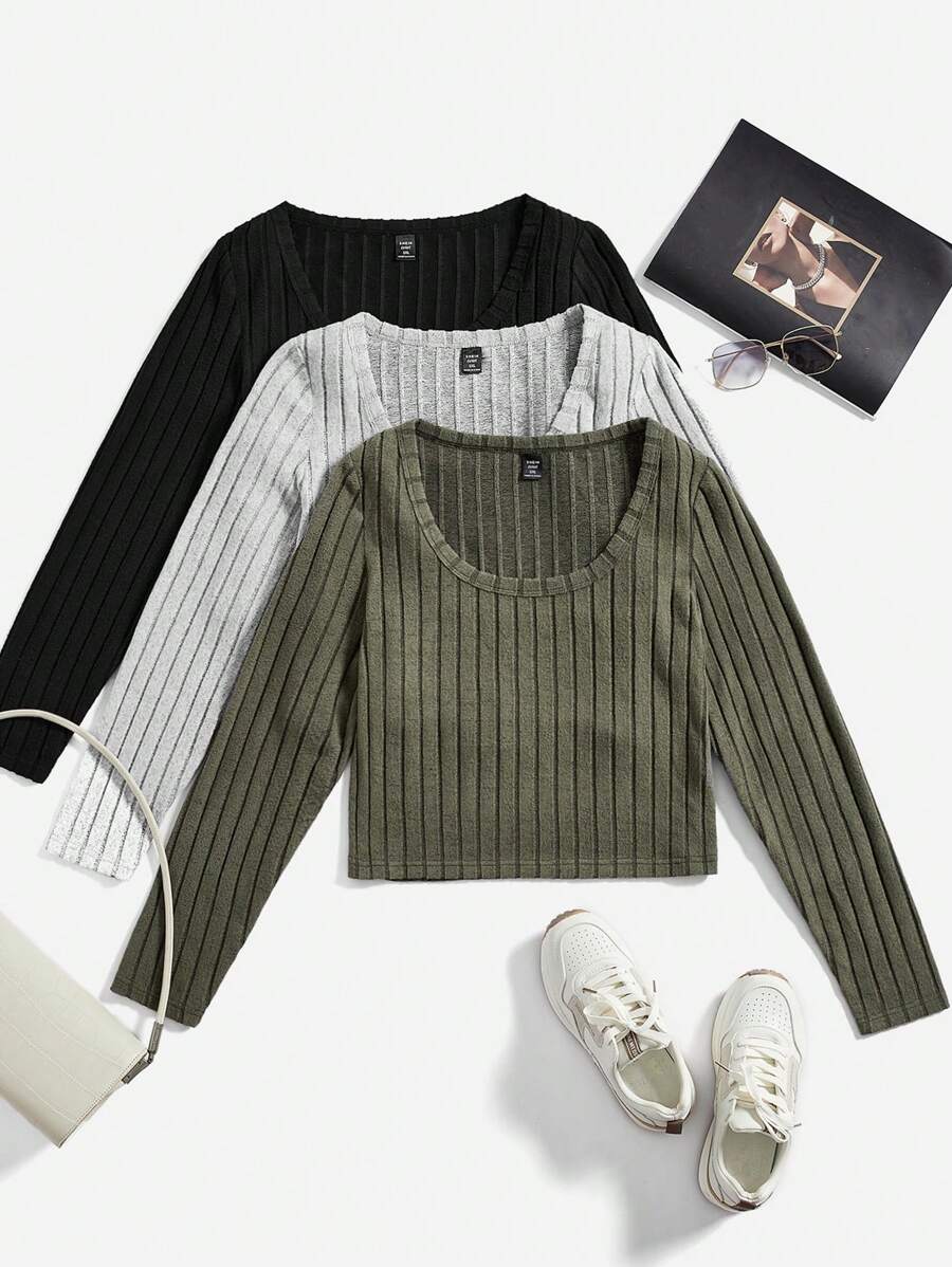 SHEIN Essnce Plus 3pcs Scoop Neck Ribbed Knit Tee - Multicolor - View 1