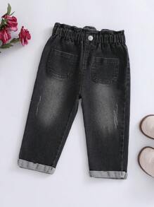 Baby Girl Paperbag Waist Ripped Roll Up Hem Jeans - Black - View 1