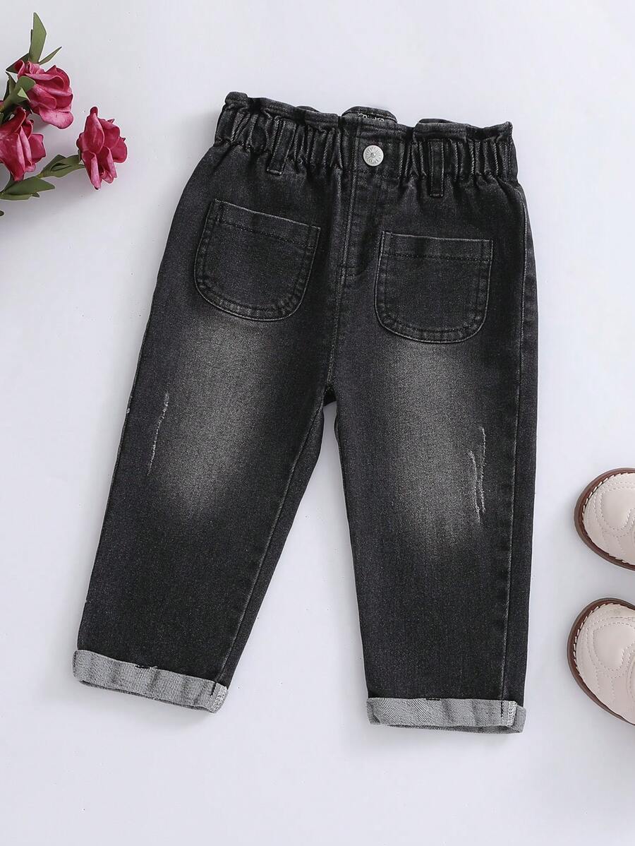 Baby Girl Paperbag Waist Ripped Roll Up Hem Jeans - Black - View 1
