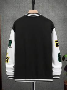 Manfinity Hypemode 男士宽松学院风字母印花运动夹克，度假风，时尚，长袖拼色棒球夹克，适合朋友，街头潮流，秋季 - 黑色 - 查看 3