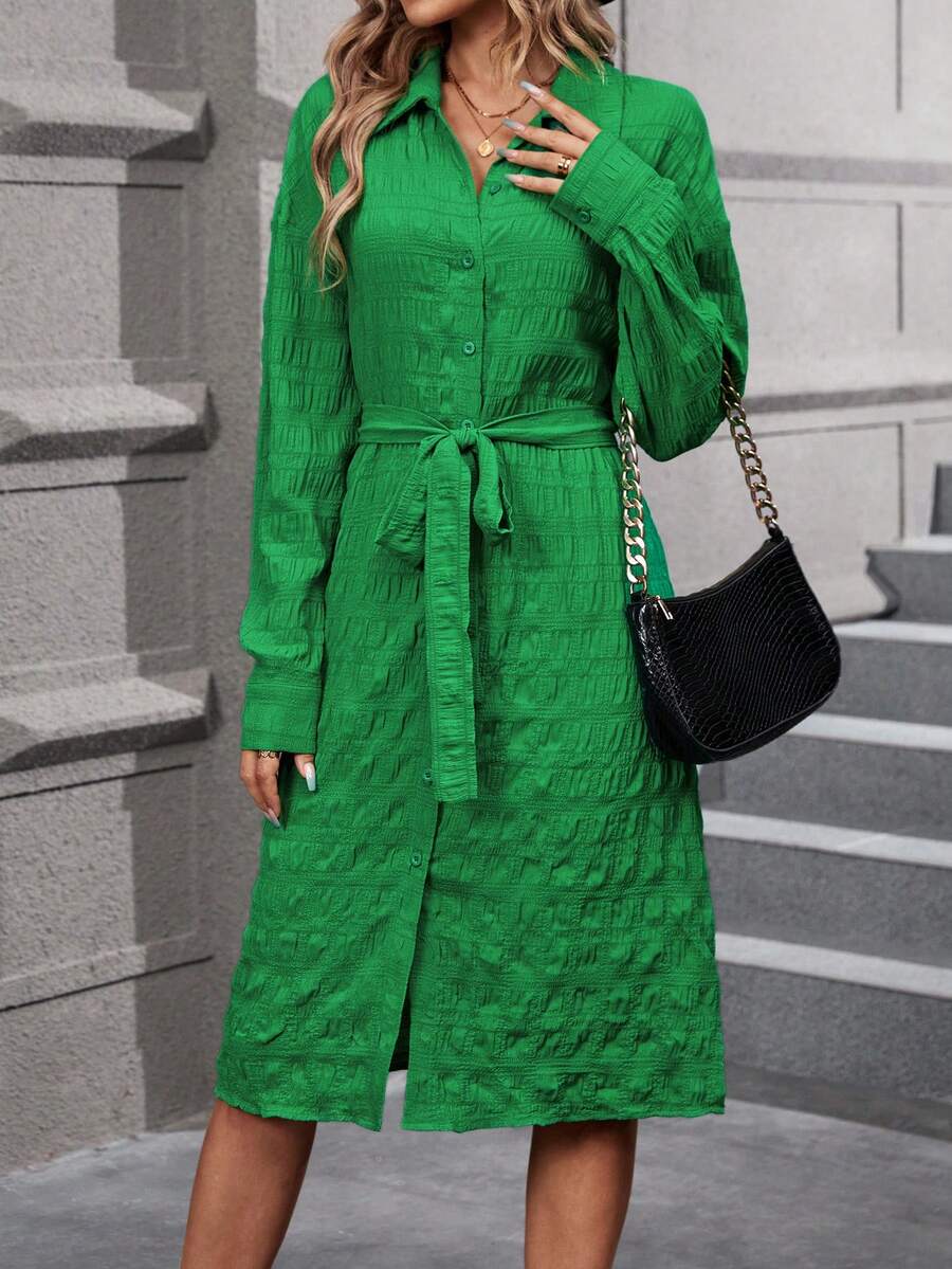 SHEIN Clasi Drop Shoulder Belted Shirt Dress - Green - View 1
