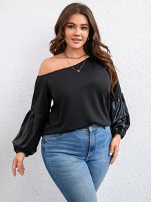 SHEIN LUNE Plus Asymmetrical Neck Lantern Sleeve Waffle Knit Top