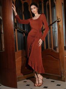 Zolique 女式性感圓領荷葉邊下擺連身裙 - 亮橙色 - 查看 6