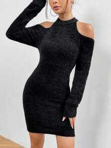 SHEIN Unity Cold Shoulder Fuzzy Sweater Dress - Black - View 3