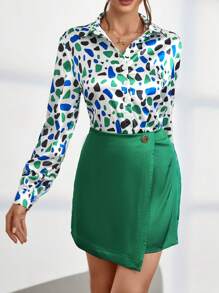 SHEIN Privé Allover Print Blouse & Wrap Skirt - Green - View 1