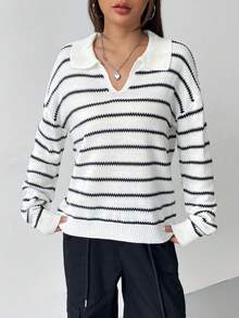 SHEIN EZwear 女款 V 領缺角條紋休閒毛衣 - 黑色 - 查看 5