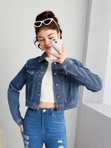 SHEIN 青少年女生牛仔夾克 - 中等水洗藍 - 查看 4