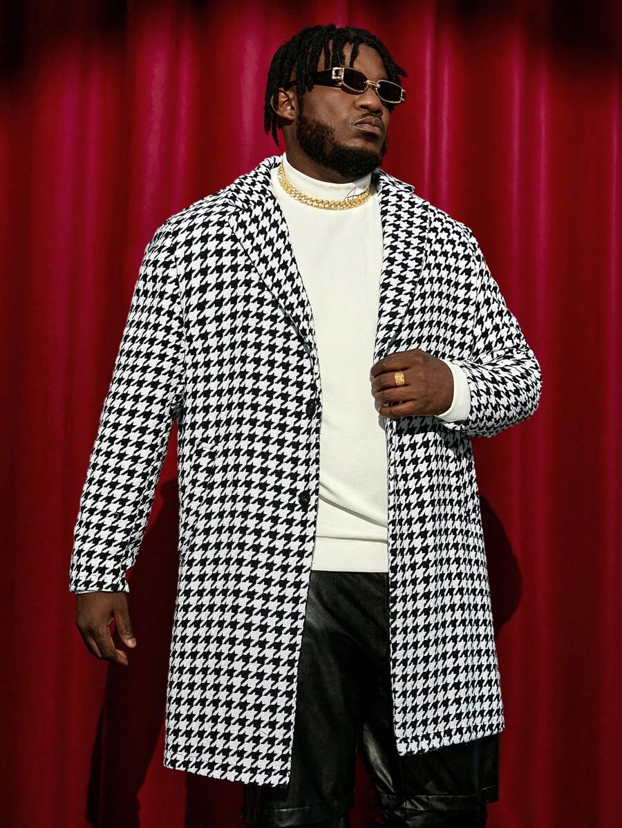 GENTILAND 男士大码千鳥格印花西裝領花呢外套 - 黑與白 - 查看 1
