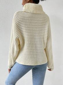 SHEIN LUNE 高领蝙蝠袖针织套头衫秋冬毛衣 - 米色 - 查看 2