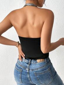 SHEIN Essnce Draped Front Contrast Tape Trim Halter Top - Black - View 2
