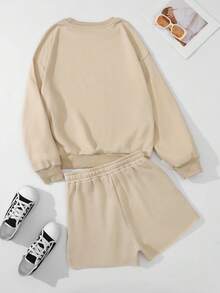 SHEIN EZwear 仙人掌和標語圖案加絨內裏運動衫&運動短褲 - 杏色 - 查看 2