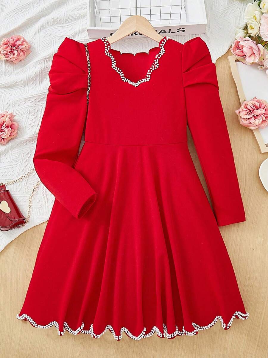 SHEIN Cô gái Tween Tương phản ràng buộc Ống tay áo Ren Mộc nhĩ Đầm - Đỏ - Xem 1