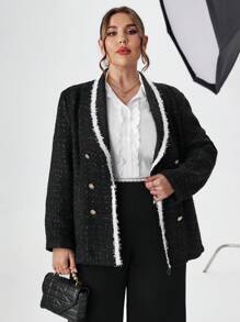 SHEIN Privé Plus Contrast Trim Shawl Collar Double Breasted Belted Tweed Blazer - Black and White - View 5