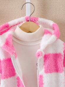 SHEIN Cô Gái Trẻ Hoa văn kẻ sọc áo có mũ Áo khoác Teddy Không có áo len - Hồng - Xem 4