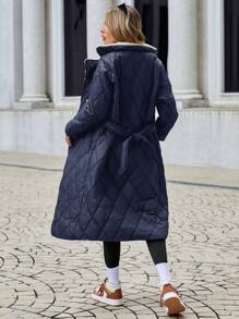 SHEIN Cottnline 女款純色抓絨內裡翻領中長版填充外套 - 藏蓝色 - 查看 2